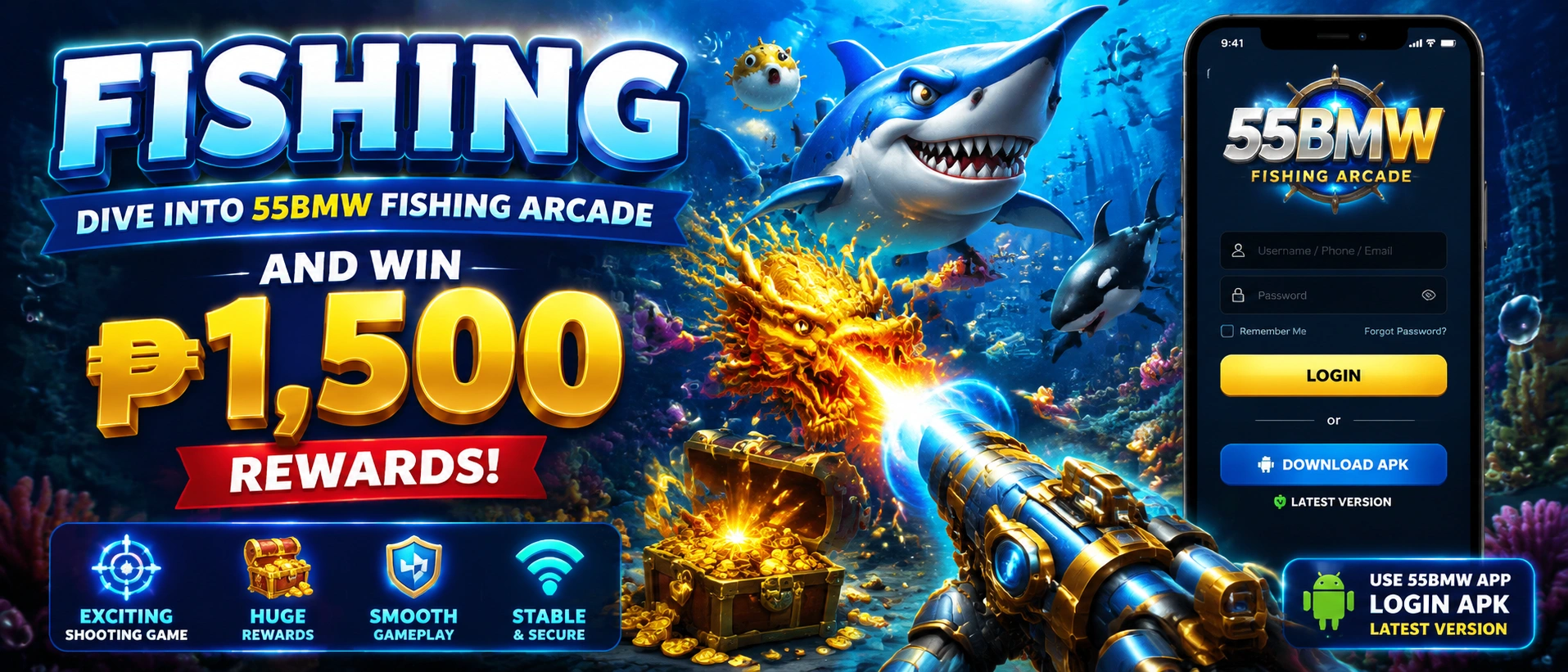 Fishing game hero scene with arcade style room layout
